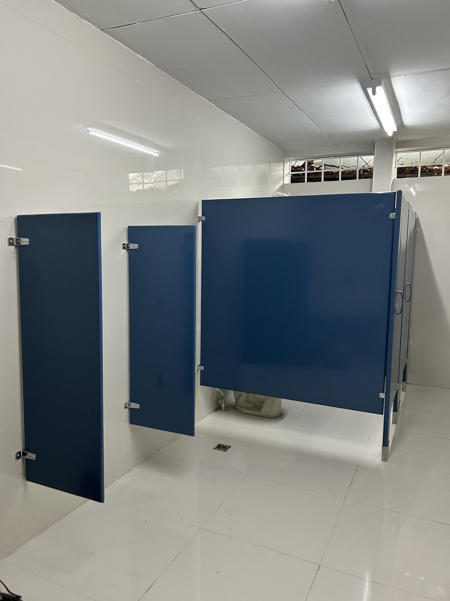 Pantallas separadoras de mingitorios y cabina sanitaria azul en oficinas INVUR