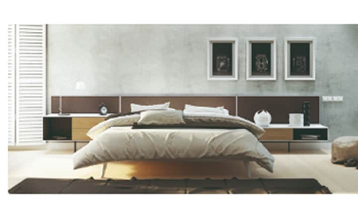 Conjunto de dormitorio DFM con cabecero acolchado textil y cómoda de líneas sencillas