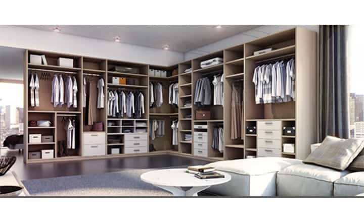 Vestidor abierto modular DFM diseño Elements en chapa sintética lino esteiro y bruma