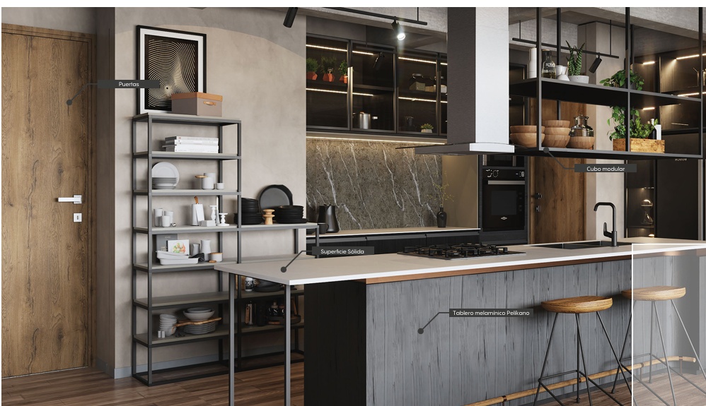Cocina contemporánea Madecentro con isla central frentes texturizados y estantería aérea industrial de acero