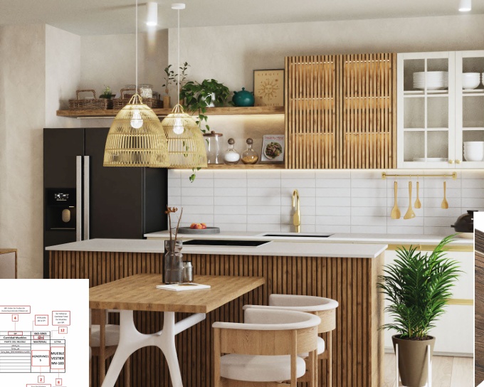 Cocina integral de madera aglomerada RH Madecentro con isla alistonada y mesa de comedor integrada